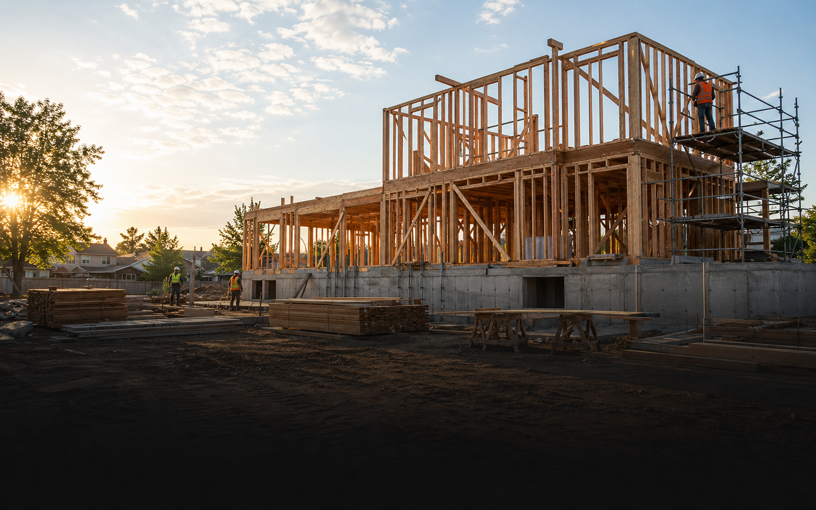 Construction site with active building