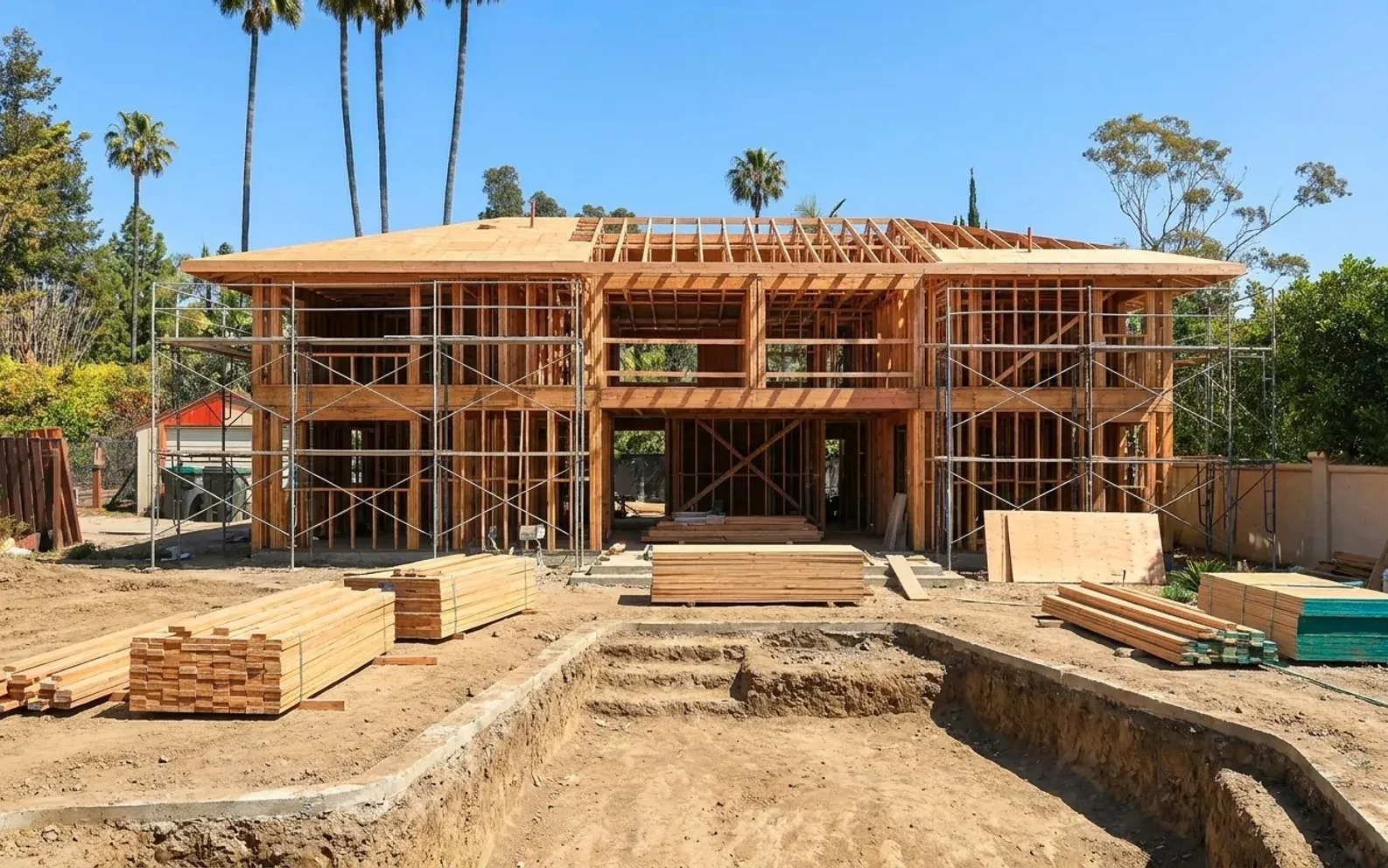 A two-storey home under construction, timber framing and scaffolding with lumber stacked on site